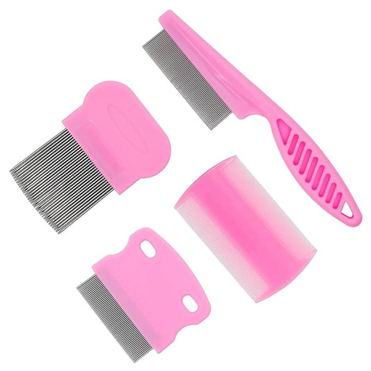 Flea Comb 4-Pieces-Pink with High Strength Teeth Pet Tear Stain Remover Combs, Dog Cat Grooming Set Effective Float Hair Remover