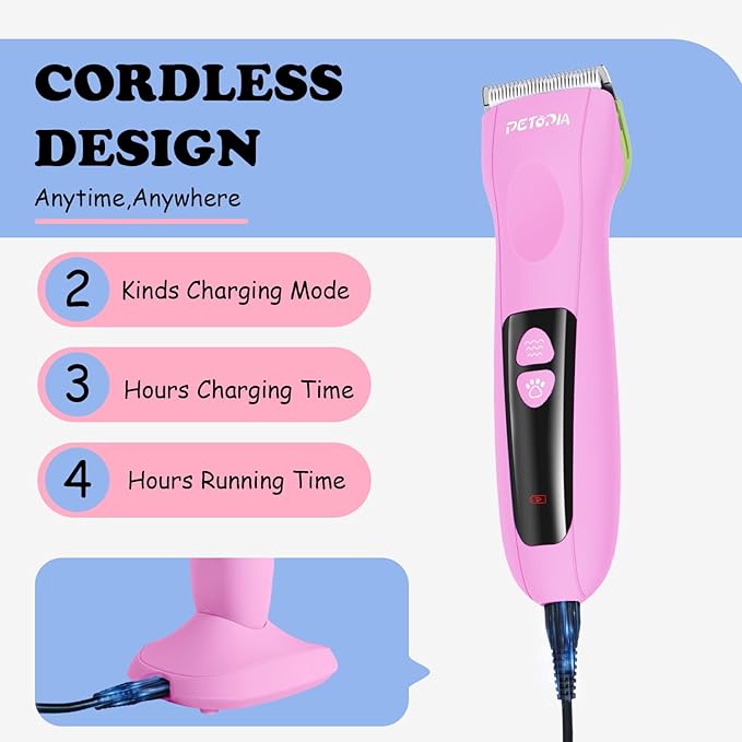 Dog Grooming Clippers - Low Noise Electric Dog Hair Trimmer Cordless Rechargeable Pet Clippers, 3 Speeds Dog Grooming Kit for Small Dogs Cats - Pink