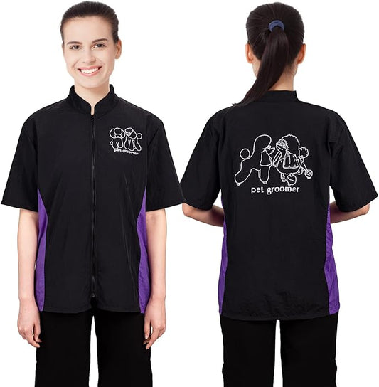 Noverlife Pet Grooming Workwear with Full Zipper, M Size, Anti-Static Pet Beautician Work Clothes, Lightweight Hair Repellent Shirt Style Pet Groomer Smock for Dog Cat Grooming Shop