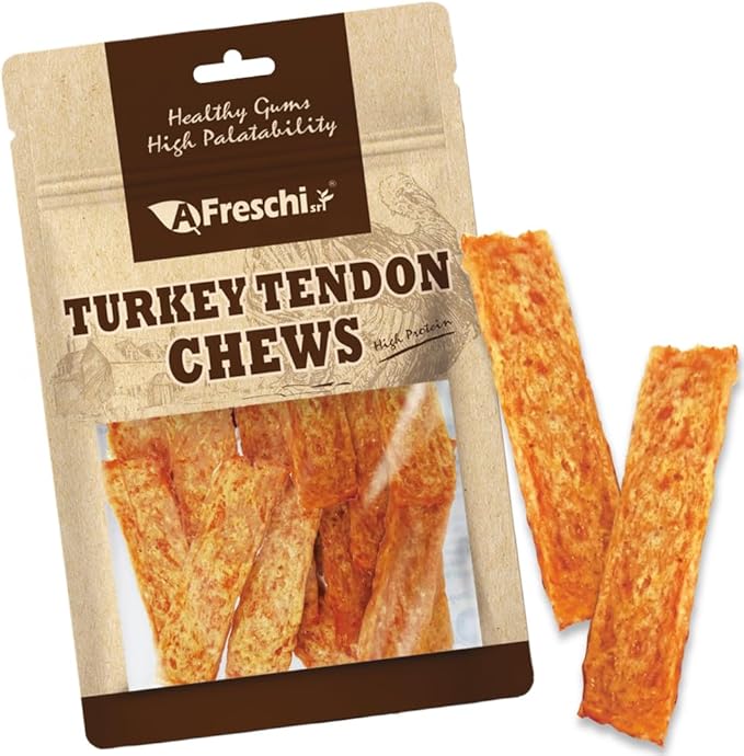 AFreschi Turkey Tendons for Dogs, USA-Sourced, Healthy Dog Treats, Rawhide-Free Puppy Chews, Long Lasting, All Natural, Hypoallergenic Dog Treats, Classic Series, Sliced, 3.5 oz Pack