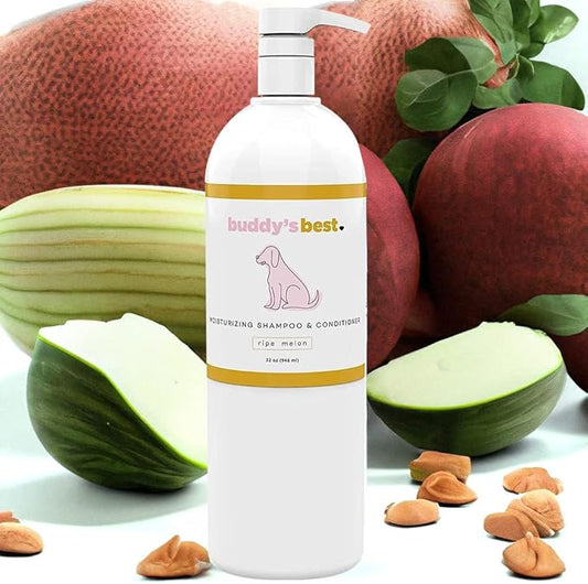 Buddy's Best, Dog Shampoo and Conditioner in One - Natural Oatmeal Shampoo for Dogs with Sensitive Skin - Moisturizing Dog Wash (32 Fl Oz, Ripe Melon)