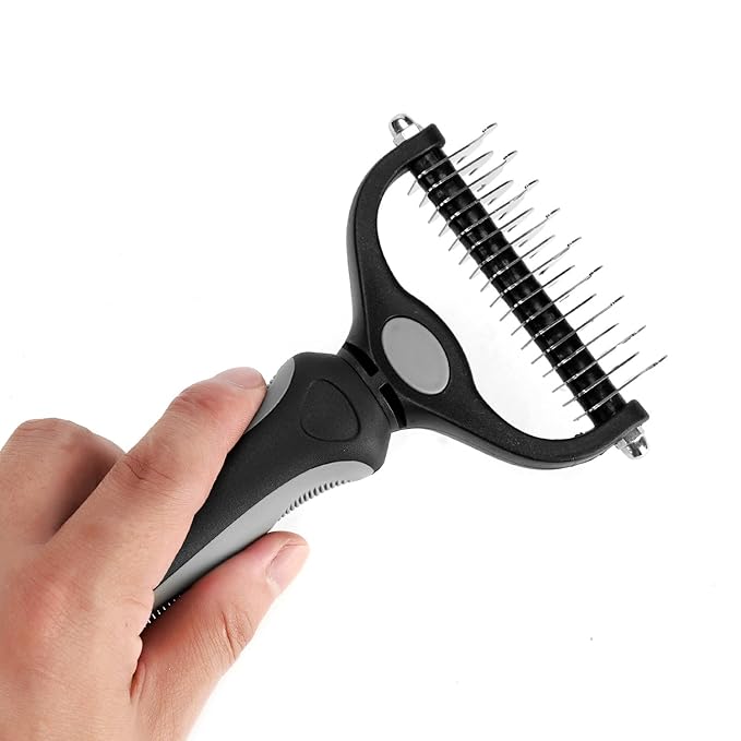 Deshedding Brush - Double-Sided Undercoat Rake for Dogs & Cats - Shedding Comb and Dematting Tool for Grooming, Extra Wide