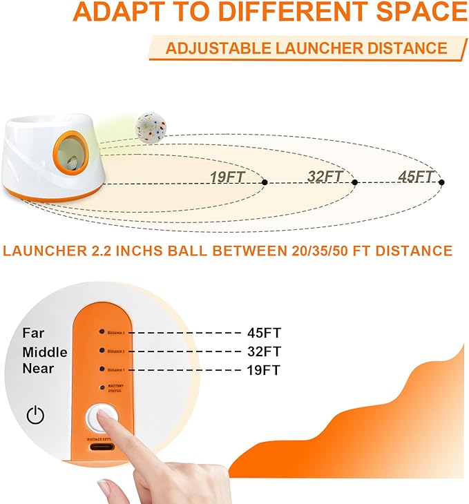 Compact Automatic Ball Launcher for Dogs with Random Mode, 3 Settings to 45FT, Rechargeable Small Dog Ball Thrower with 4 ETPU Tennis Balls for Small Medium Breeds