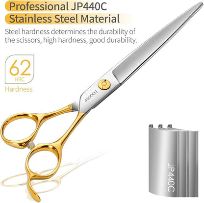 Professional Dog Grooming Scissors Straight 7" Pet Grooming Shears for Cutting Small Dogs Cat Thick Hair Japan 440C Stainless Steel Right Handed(7 in Straight, Gold)