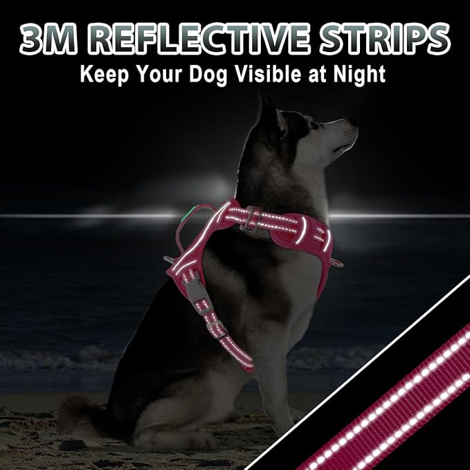 BARKBAY No Pull Dog Harness 3 Buckles Large Reflective Dog Harness with Front Clip and Easy Control Handle for Walking Training Running with ID tag Pocket(Pink,S)
