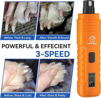 Dog Nail Grinder Professional Pets, 3-Speed Electric Quiet Dog Nail Grinder, Rechargeable Dog Nail Trimmers - with 2 LED Lights/2 Grinder Wheels, for Small, Medium, Large Dogs (Orange)