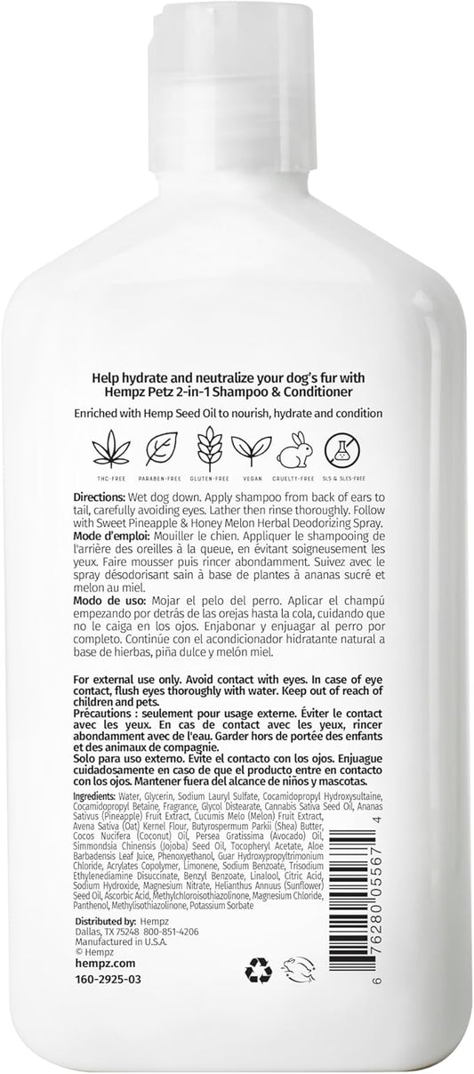 Hempz Petz, Dog Shampoo & Conditioner, Sweet Pineapple Honey Melon 2-in-1 Shampoo and Conditioner, Cleans, Conditions & Moisturizes, 17 fl. Oz