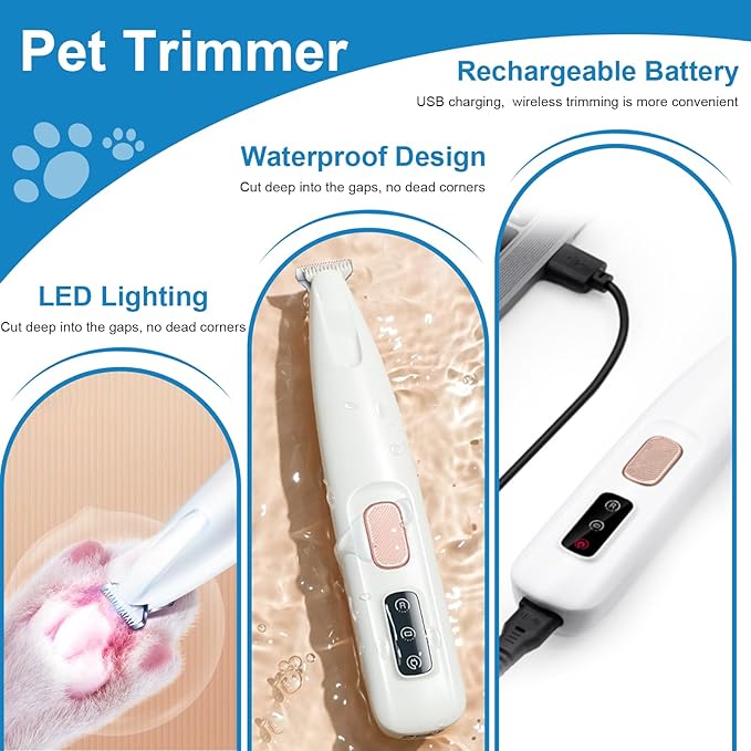 Cats Dog Trimmer with LED Light, Paw Trimmer for Dogs Electric, Pets Hair Clippers for Cats Paws, Electric Pet Grooming Tool, Cordless, Low Noise Rechargeable Pet Shaver for Paws Eyes Ears Face Rump