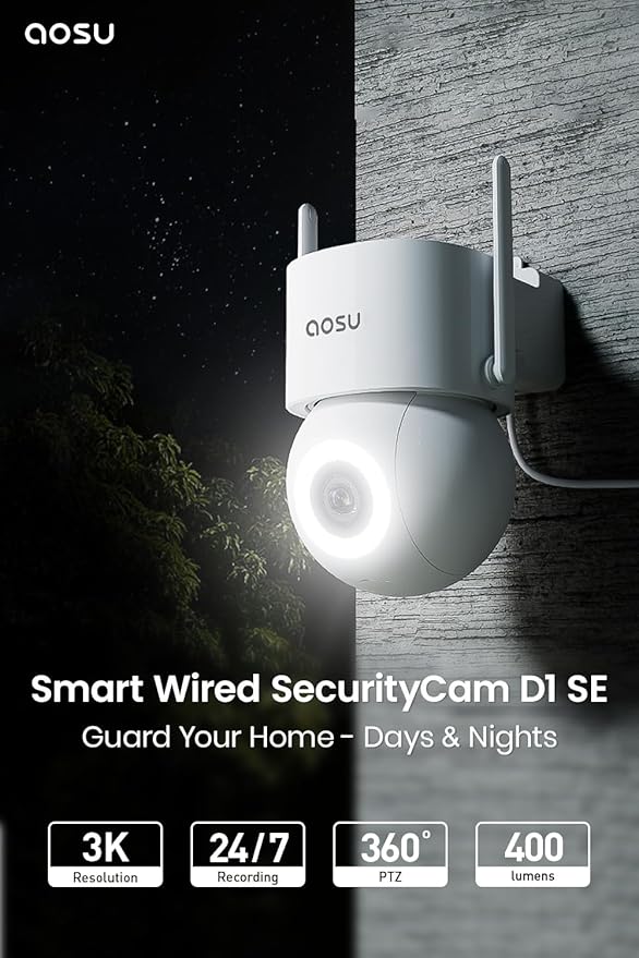 AOSU 2 Pack Wired Security Camera Outdoor - 3K Smart 24/7 Recording WiFi Camera for Home Security w/Sound Light Alerts, 360° View, Auto-Tracking, Camara de Seguridad para Casa (2.4Ghz WiFi Only)
