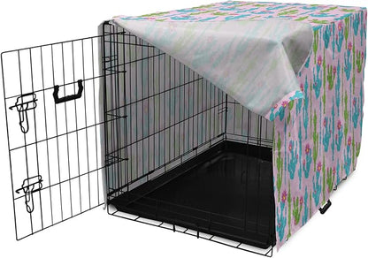 Lunarable Succulent Dog Crate Cover, Pastel Cactus Plants Flowering Desert Botany Foliage in, Easy to Use Pet Kennel Cover for Cats & Medium Dogs, 24 Inch, Pale Pink Sky Blue Green