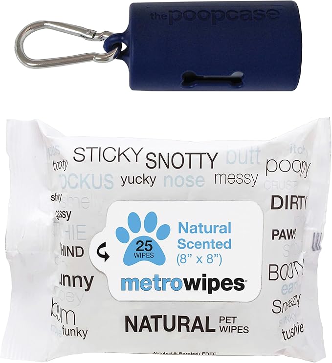 MetroPaws Unscented Dog Wipes, 25 Extra Large, Thick Cleaning Wipes & The Dog Waste Bag Dispenser & Holder, Bag Holder With 20 Bags for Leash - Navy