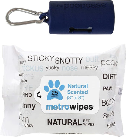 MetroPaws Unscented Dog Wipes, 25 Extra Large, Thick Cleaning Wipes & The Dog Waste Bag Dispenser & Holder, Bag Holder With 20 Bags for Leash - Navy