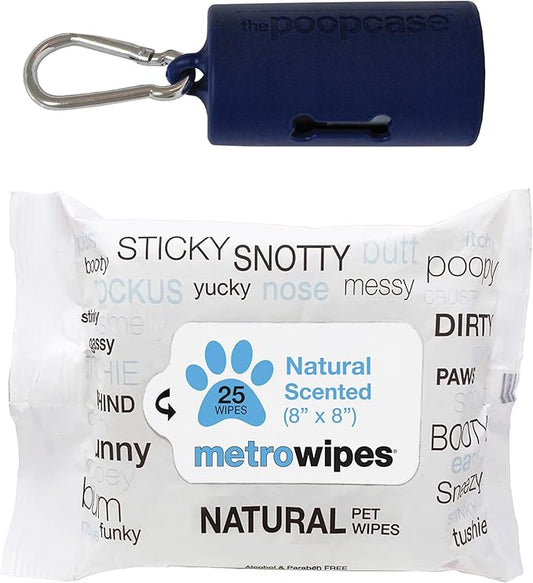 MetroPaws Unscented Dog Wipes, 25 Extra Large, Thick Cleaning Wipes & The Dog Waste Bag Dispenser & Holder, Bag Holder With 20 Bags for Leash - Navy