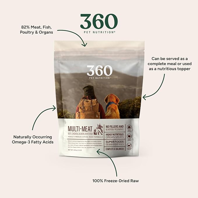 360 Pet Nutrition Raw Freeze-Dried Dog Food, High Protein, Balanced Meal w/Beef, Chicken,Organs, Whitefish, Omega-3, Fruit&Veg, Superfoods, No Fillers, 5 oz Food/Bites/Kibble (Multi Meat) Trial Size