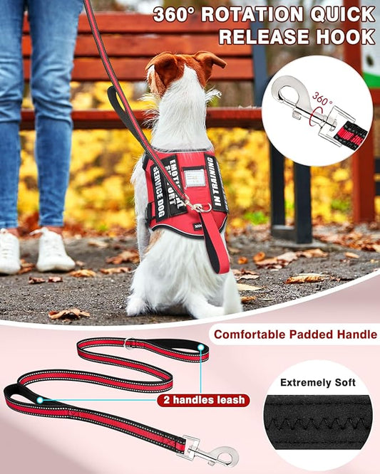 Service Dog Vest Harness and Leash Set+10 Patches for Puppy Small Dogs,Do Not Pet Emotional Support Dog Vest with 2 Soft Padded Handle for Everyday/Training (Red XS)