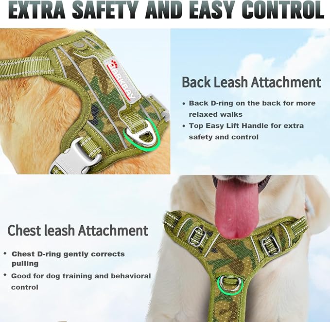 BARKBAY No Pull Dog Harness Large Reflective Dog Harness with Front Clip and Easy Control Handle for Walking Training Running with ID tag Pocket(Camo,XS)