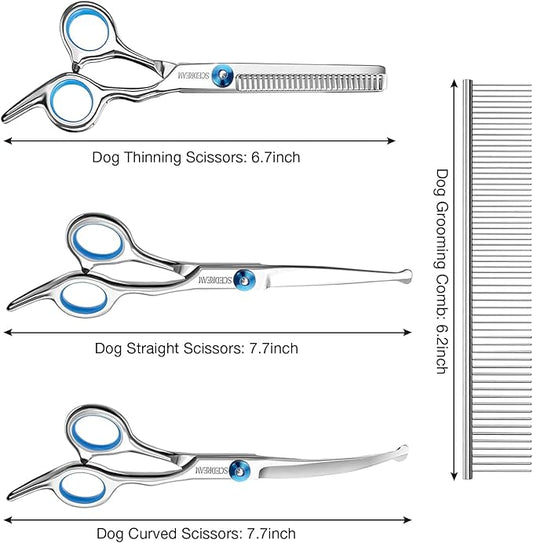 Professional Dog Grooming Scissors with Safety Round Tips, 5 in 1 Dog Grooming Scissors Kit, 4CR Stainless Steel Professional Pet Grooming Shears for Dog, Sharp and Durable, Blue