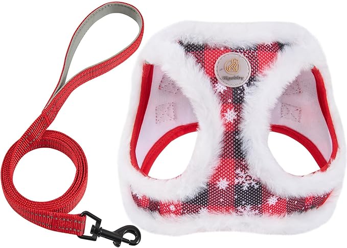 Christmas Dog Harness and Leash Set, No Pull Soft Mesh Puppy Harness for Small Medium Dogs, Cats - Step in Reflective Vest Harness for Walking, Training - Plush Red, L
