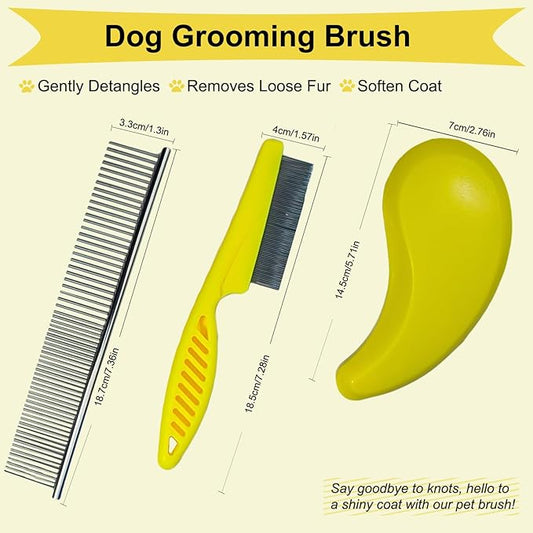 3 PCS Puppy Brush Grooming Kit, Stainless Steel Flea Comb, Fit for Yorkie, Shih Tzu, Maltipoo, Soft Bristle (Yellow)