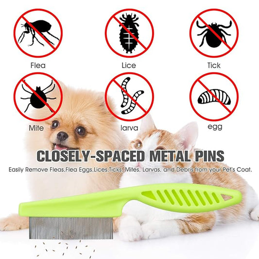Flea Comb for Cats Dog Comb Lice Comb Metal Teeth Durable Tear Stain Dog Combs Remove Float Hair Combing Tangled Hair Dandruff Pet Comb Grooming Set 3 Pieces Add Storage Pouch (Green)