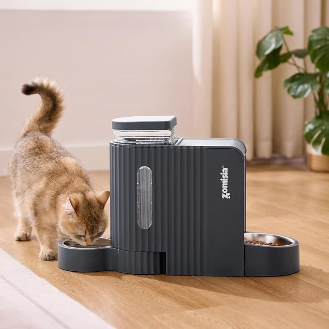 Gravity Cat Food and Water Dispenser Set with 304 Stainless Steel Bowls, 2 in 1 Automatic Cat Feeder with 180 Degree Rotatable Water Bowl, Large Capacity for Puppy Kitten Rabbits, Grey