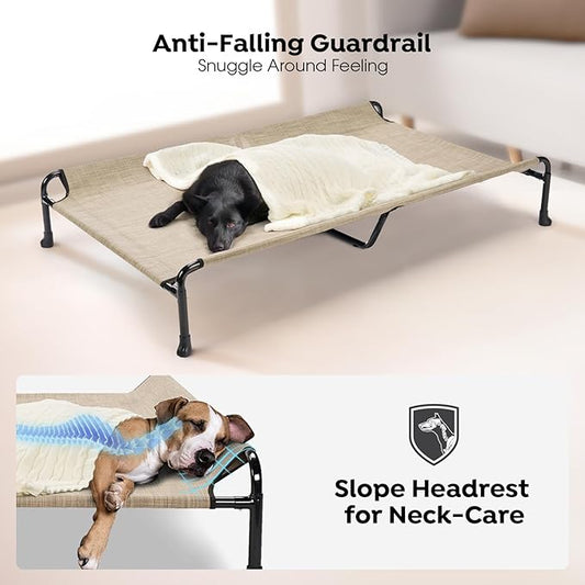 Veehoo Cooling Elevated Dog Bed, Raised Dog Beds for Large Dogs, Outdoor Dog Bed with Guardrail, Upgraded Non-Slip Feet, Breathable Teslin Mesh, Portable Camping Dog Cot, XXLarge, Beige Coffee CWC2404