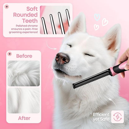 Flexzion Dog Comb - Pet Cat Grooming Trimmer Brush Stainless Steel Blade for Small Animal Puppy Matted Tangles Hair Cutting Removing Tool with Rounded Teeth Needle Soft Grip Handle (Pink)