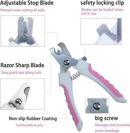 5Pcs Dogs and Cats Grooming Nail Clippers Kit Pet Claws Nail Clipper Trimmers, with Protective Guard Lock to Avoid Over Cutting, Professional Trimmers for Large and Small Cat and Dog Animal. (Pink)