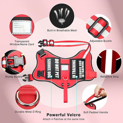 Service Dog Vest Harness and Leash Set+10 Patches,No Pull&Adjustable Reflective Dog Harness with Soft Padded Handle for Training/Everyday,Fit Small/Medium/Large/Extra-Large Dogs (Red S)