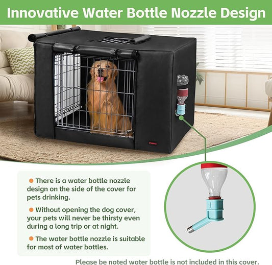 Dog Crate Cover 42 Inch - Waterproof Kennel Cover with Top Window, 600D Oxford Fabric Dog Cage Cover Fit for Most Double Door Wire Crate, Unique Drinking Hole Design, Black (Cover Only)
