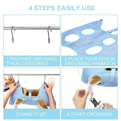 Petmolico Dog Grooming Hammock, Pet Grooming Sling Helper Dog Grooming Hammock Set - Nail Clippers/Nail Trimmers/Double-Sided Hairbrush(S,Blue)