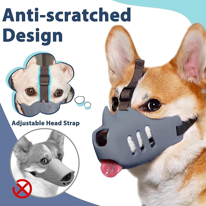LUCKYPAW Dog Muzzle Soft Muzzle for Small Medium Dogs Poodle Dachshund Breathable Silicone Cage Muzzle to Prevent Biting Chewing Funny Rhino Muzzle with Adjustable Strap (Grey, M-(Snout Cir:7-8in)
