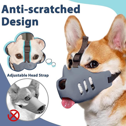 LUCKYPAW Dog Muzzle Soft Muzzle for Small Medium Dogs Poodle Dachshund Breathable Silicone Cage Muzzle to Prevent Biting Chewing Funny Rhino Muzzle with Adjustable Strap (Grey, M-(Snout Cir:7-8in)