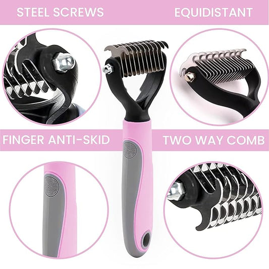 Pet Grooming Brush - Shedding Comb & Dematting Tool for Dogs & Cats, Extra Wide Undercoat Rake, Pink