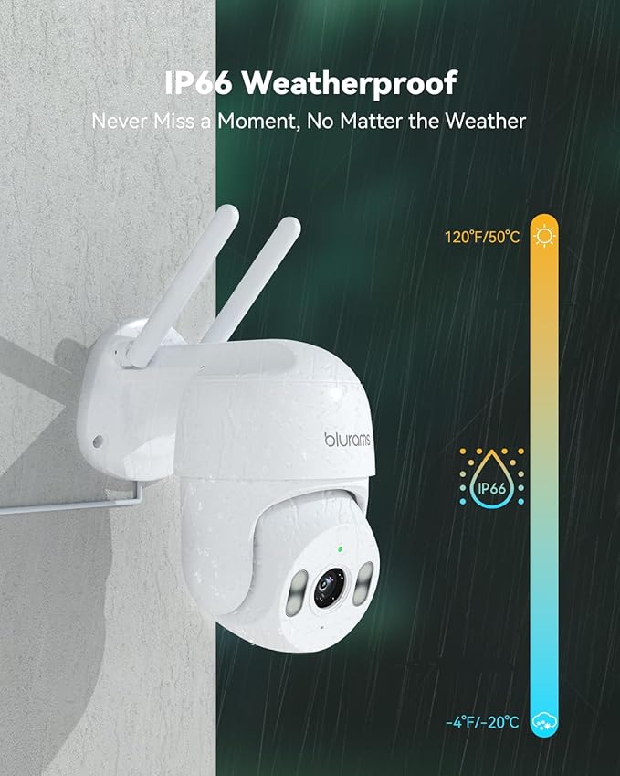 blurams 2K Security Camera Outdoor, 360° PTZ Outside Cameras for Home Security, Color Night Vision, Motion Tracking, Two-Way Audio, IP66, 2.4GHz Camera with 64GB SD Card, Compatible with Alexa
