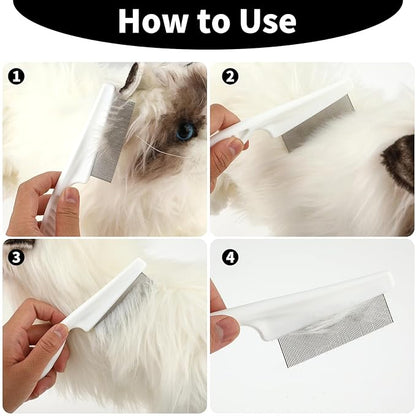 Pet Hair Comb Tear Stain Removal,2 Pack Multifunctional Pets Grooming Comb Kit 2 in 1 Dog Combs Stainless Grooming Massage Dual-Sided Comb for Knots Crust Floating Hair Tangle Fleas(White)