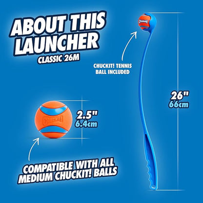 Chuckit! Ultra Ball & Launcher Bundle - Classic 26" with 2 Pack Medium (2.5") Bouncy Fetch Balls for Dogs 20-60 lbs, Dog Fetch Ball Thrower