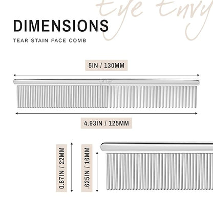 Eye Envy Tear Stain Remover Comb for Dogs and Cats. Fine/Coarse Comb with 80 Rounded Pins. Gently Remove Crusty Eye Debris, Gunk and Boogers. Face and Feet Comb. Remove Tangles