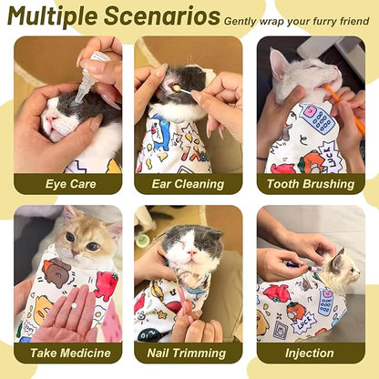 Cat Wrap for Grooming, Self-Adhesive Cat Swaddle Wrap with Nail Clipper, Soft Calming Pet Blanket Anti-Escape Grooming Bag for Cats and Dogs Up to 11lbs (Animal 2)