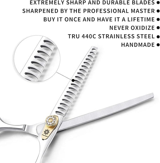 Dream Reach Professional Dog Grooming Straight, Curved, Thinning/Blending/Chunking Scissors Kit, JP-440C Stainless Steel Pet Cat Hair Cutting/Trimming Shears (7 inch-Chunker Scissors)
