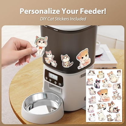Automatic Cat Feeder, 4L Timed Dry Food Dispenser with Stainless Steel Bowl, Pet Food Feeder for Cats & Small Dogs, Programmable for 6 Meals & 30 Portions Per Day, 10S Voice Record, Dual Power, White