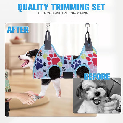 PAWCHIE Dog Grooming Hammock Harness for Dogs & Cats with Pet Nail Clipper Trimmer - Cat Hanger Sling for Trimming Clipping Nails- Dog Hammock Restraint Bag for Small Medium Large Dog, Blue M