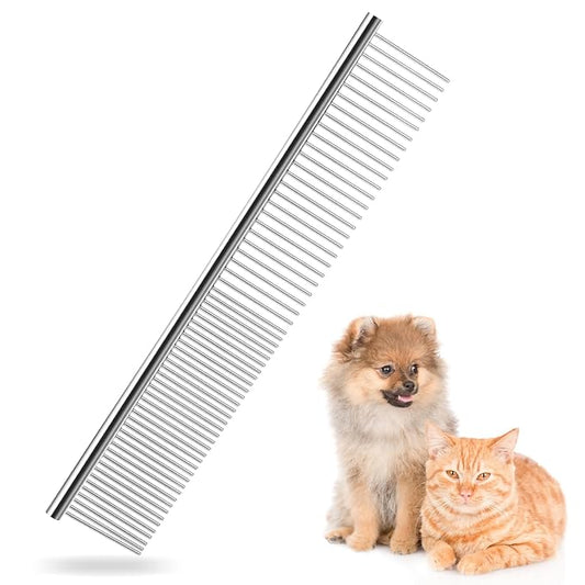 Stainless Steel Pet Grooming Comb with Rounded Ends, Metal Dog Combs for Grooming Matting Professional Dog Groomings Comb Detangler Deshedding Brush for Long Short Haired Dogs and Cats (7.4 Inches)