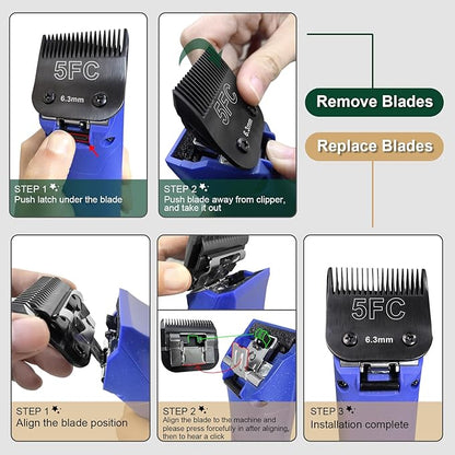 Black Detachable Pet Dog Grooming Clipper Stainless Steel Blades Set,Compatible with Andis,Oster A5,Wahl KM10 Series Clippers,4 Pack (7FC+5FC+4FC+3FC)