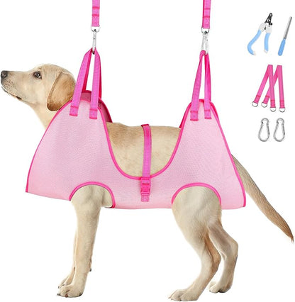 Dog Grooming Hammock - Adjustable Pet Grooming Hammock for Cats& Dogs, Breathable Dog Hanging Sling Holder with Nail Clippers& Nail File (Pink, Medium)