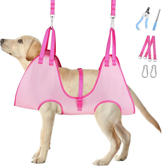 Dog Grooming Hammock - Adjustable Pet Grooming Hammock for Cats& Dogs, Breathable Dog Hanging Sling Holder with Nail Clippers& Nail File (Pink, Medium)