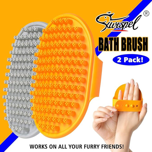 Dog Bath Brush Set - 2 Pcs Rubber Grooming and Shedding Brush for Short and Long Haired Dogs, Cats with Adjustable Handle - Perfect for Washing, Shampooing, and Bathing