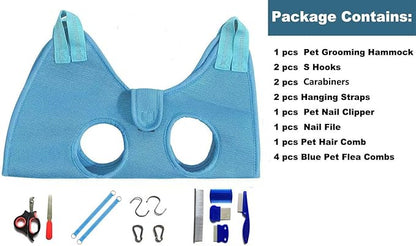 Dog Grooming Hammock with Flea Comb and Dog Nail Clipper, Pet Dog Grooming Hammock Harness with Cat Nail Clipper, Nail File and Dog Brush, Dog Sling for Nail Clipping/Nail Trimming (L, Blue)