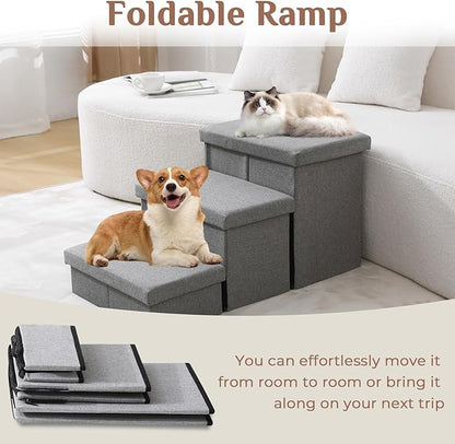 JOLLYVOGUE Dog Steps for Small Dogs, Cat Stairs with Storage, Non-Slip Dog Steps for Beds Couches, Folding Pet Stairs Helper for High Beds, Dog Ramp for Small Dogs and Cats or Pets Friendly, 4-Tiers