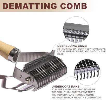 3-in-1 Professional Pet Shedding Dematting Comb - Deshedding Undercoat Rake for Dogs with Stainless Steel Blades Metal Pet Brush with Wood Handle Matted Hair Detangling Thinning and Shedding
